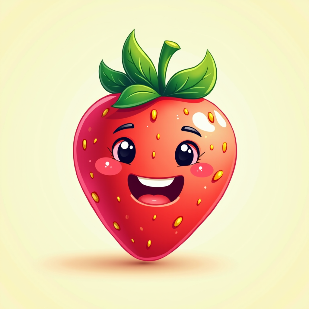 Cartoonfruits logo - colorful cartoon strawberry with happy smiling face, bright pink and red colors, playful character design for family friendly fruit game