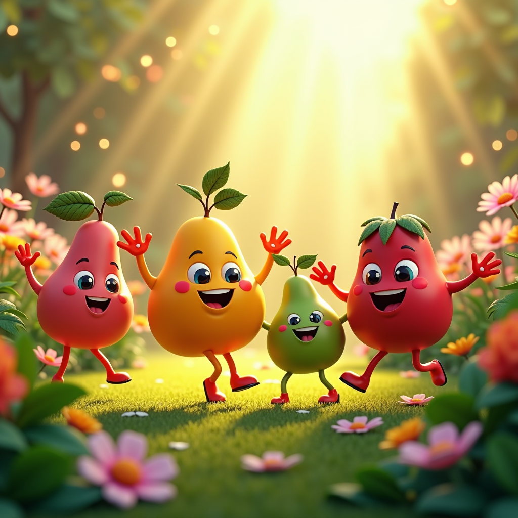 Allegri personaggi di frutta cartoon che ballano in un giardino vibrante pieno di colori arcobaleno, con raggi di sole dorati e scintille magiche che fluttuano nell'aria. Ogni frutto ha un sorriso gioioso e occhi brillanti, circondati da foglie verdi lussureggianti e fiori colorati