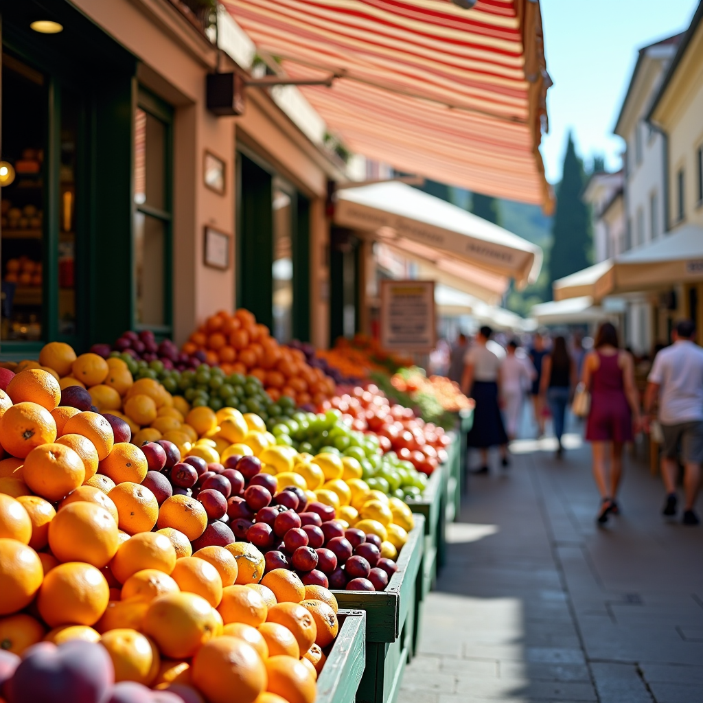 Vibrant Italian fruit market with colorful displays of fresh regional produce including oranges, lemons, grapes, figs, and peaches arranged in traditional wooden crates under striped awnings, with vendors and customers in a sunny Mediterranean setting