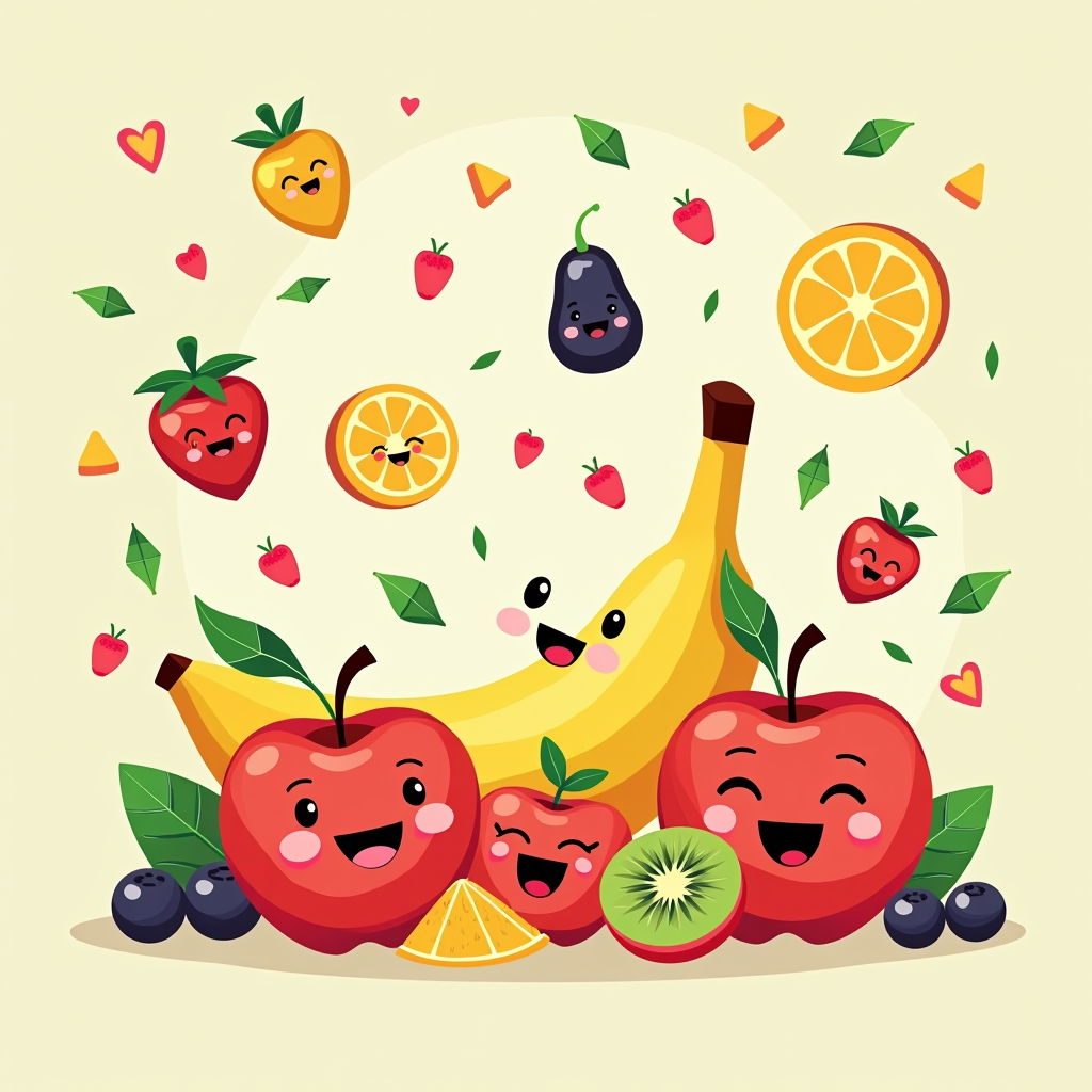 Vibrant and playful illustration featuring cheerful cartoon fruit characters including smiling apples, bananas, and berries surrounded by colorful vitamin symbols, health icons, and nutritional information presented in a fun, engaging style with bright colors and happy expressions