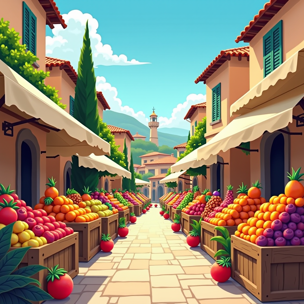 Beautiful scenic illustration of traditional Italian fruit markets with colorful produce displays, rustic wooden crates filled with fresh regional fruits, charming Italian architecture in the background, and cheerful cartoon fruit characters exploring the vibrant market atmosphere under sunny Mediterranean skies