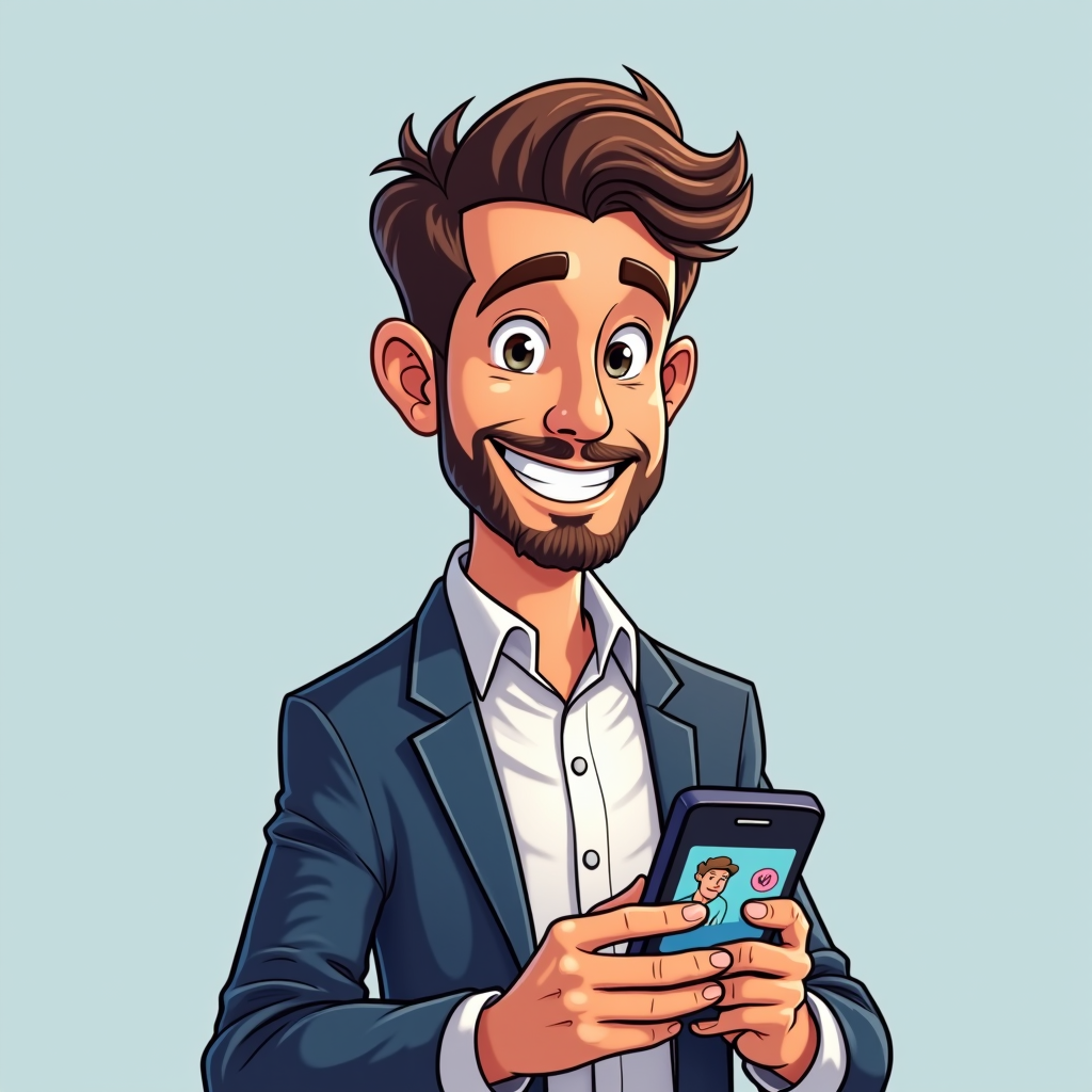 Cartoon style portrait of Luca Ferrari, community manager with friendly expression, holding a smartphone showing social media interactions