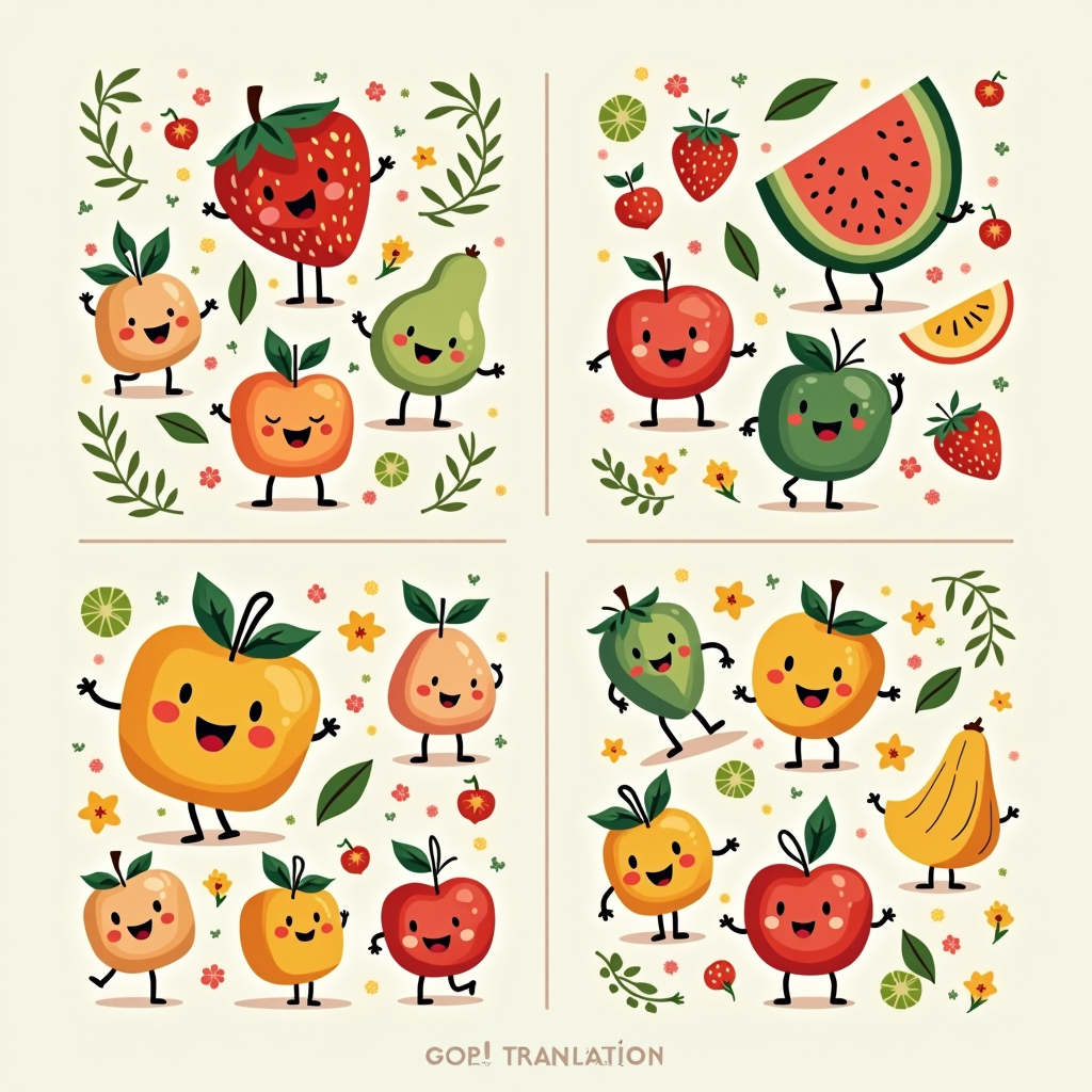 Colorful seasonal fruit calendar illustration showing spring strawberries, summer watermelons, autumn apples, and winter citrus fruits as cheerful cartoon characters, arranged in four quadrants with seasonal decorations and playful designs