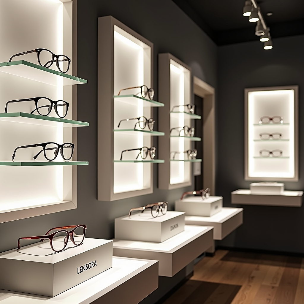 Interno moderno del negozio di ottica Lensora con esposizione elegante di occhiali da vista e da sole di marca, illuminazione professionale e design contemporaneo