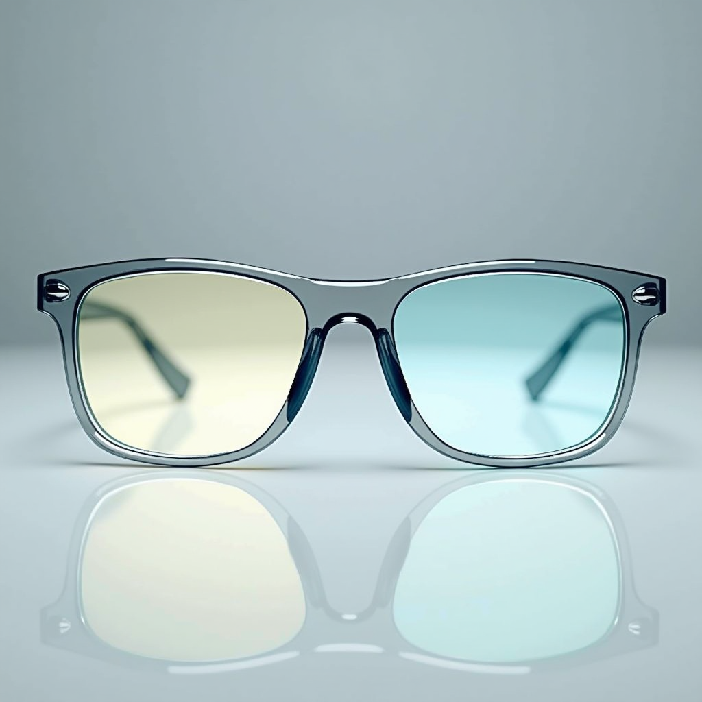 Immagine comparativa che mostra due lenti da occhiali affiancate: la lente di sinistra senza trattamento antiriflesso presenta evidenti riflessi luminosi e bagliori sulla superficie, mentre la lente di destra con trattamento AR appare completamente trasparente e priva di riflessi, dimostrando la differenza nella chiarezza visiva e nell'eliminazione dei disturbi luminosi