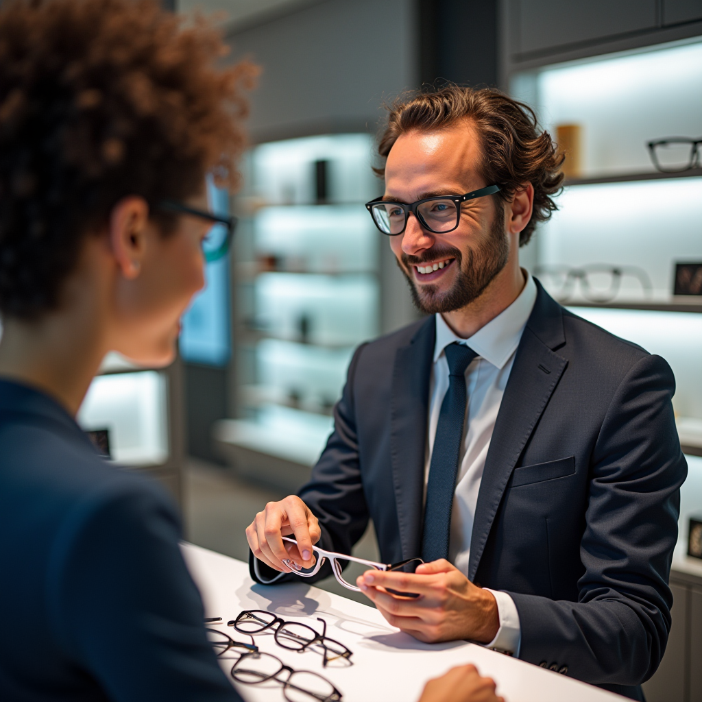 Ottico professionista che assiste un cliente nella scelta degli occhiali perfetti nel negozio Lensora, ambiente moderno e accogliente