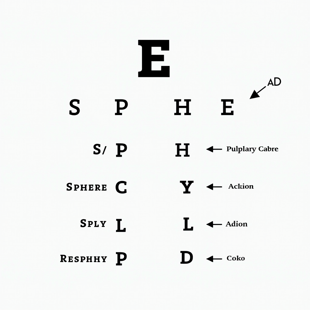 Clear educational diagram showing a standard eye prescription form with labeled sections explaining sphere (SPH), cylinder (CYL), axis, pupillary distance (PD), and addition (ADD) values with arrows and annotations