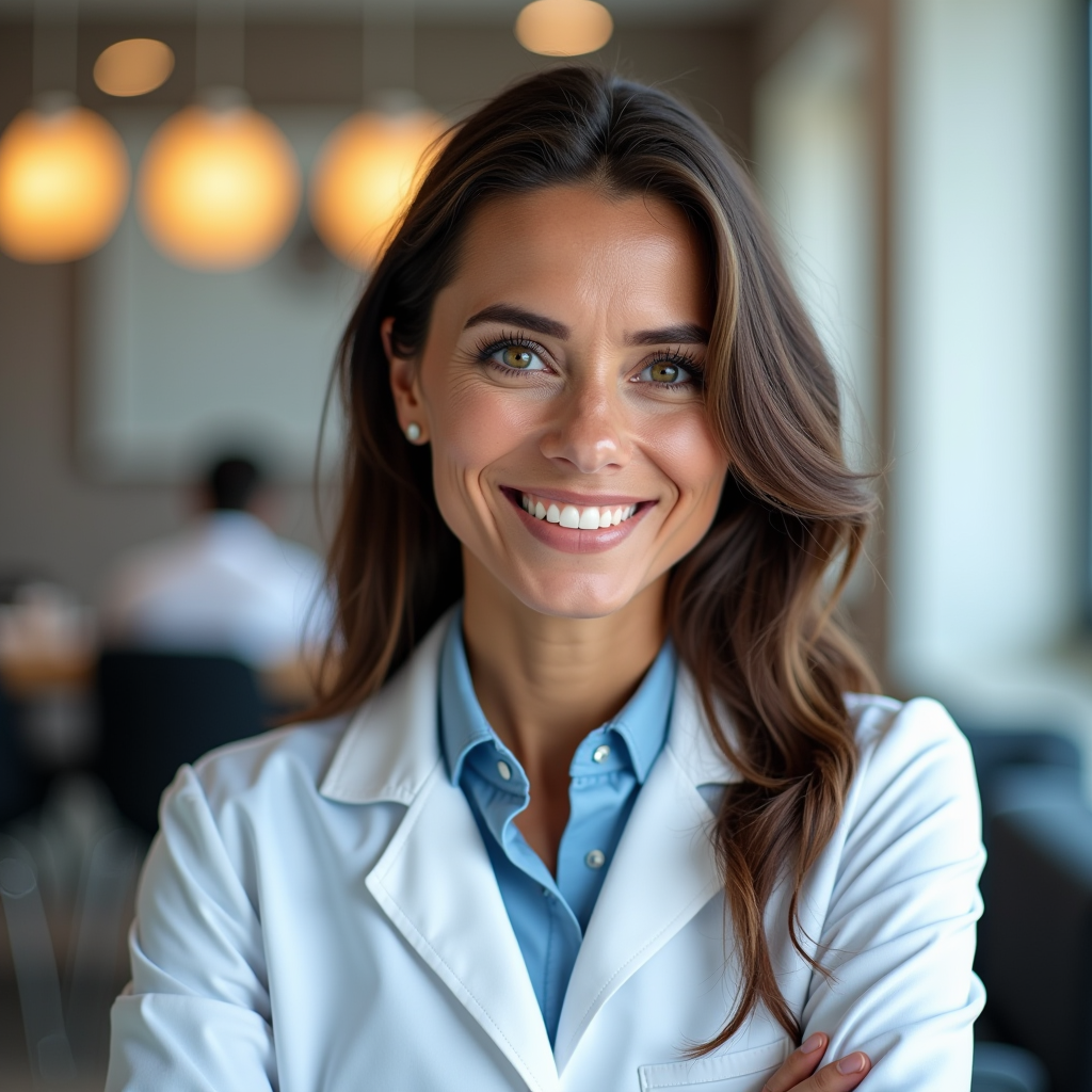 Ritratto professionale della Dottoressa Giulia Ferretti, optometrista specializzata in lenti a contatto, sorridente in ambiente professionale