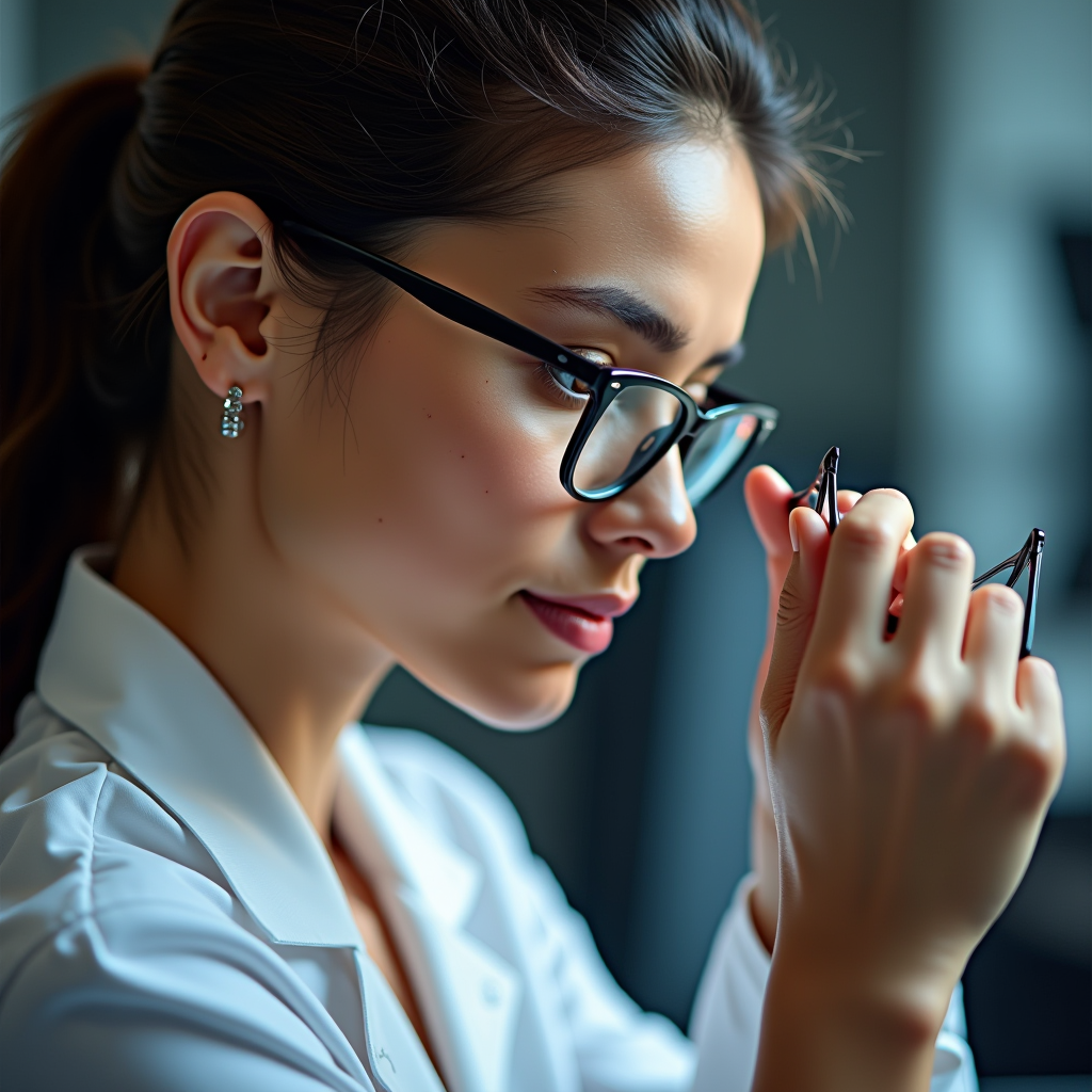Ritratto professionale di Sofia Romano, tecnico ottico specializzato, mentre lavora con precisione su montature di occhiali